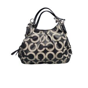 Coach Madison Maggie Shoulder Bag Womens Black Gray Nylon Logo‎ Monogram Snap